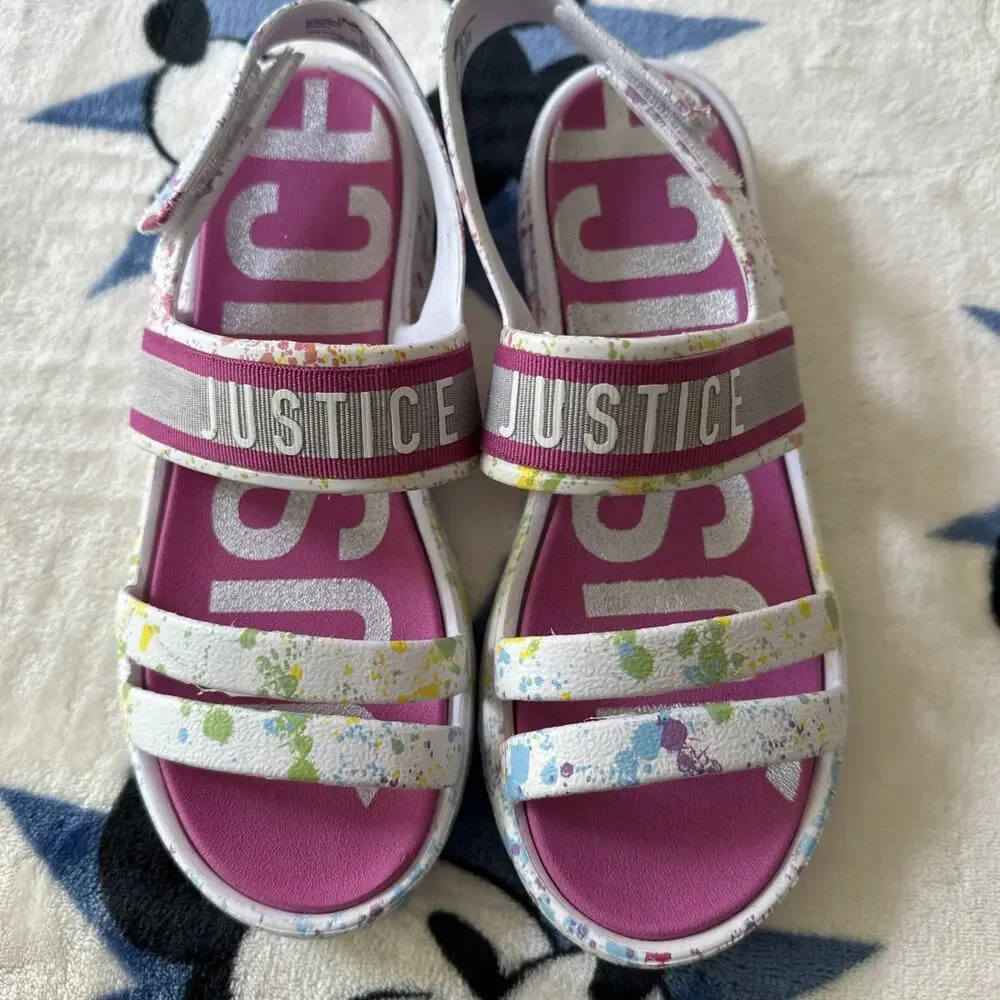 JUSTICE GIRLS WHITE RUBBER CASUAL OPEN TOE SANDALS SHOES SIZE 5 ADJUSTABLE POOL